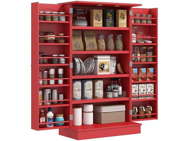 41' Kitchen Pantry Storage Cabinet, Freestanding Kitchen Cabinet with 12 Door Shelves, Double Doors, 5-tier Shelving and Adjustable Shelves, Red