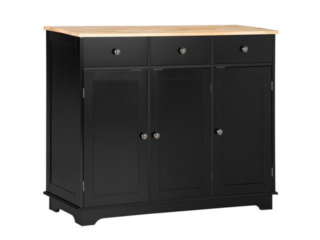 Sideboard with Solid Wood Countertop, Modern Kitchen Storage Cabinet, Coffee Bar Cabinet with 3 Drawers, Doors and Adjustable Shelf, Black