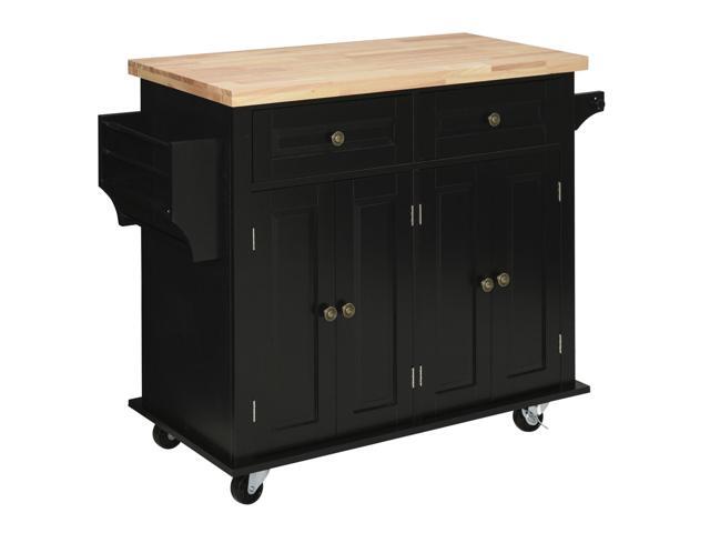 Kitchen Island on Wheels, Rolling Cart with Rubberwood Top, Spice Rack, Towel Rack and Drawers for Dining Room, Black