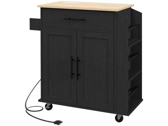 Kitchen Island with Storage, Rolling Kitchen Cart with AC Outlets and USB Ports, Microwave Stand with Towel and Spice Rack, Black