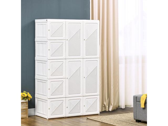 Portable Wardrobe Closet, Folding Bedroom Armoire, Clothes Storage Organizer with 11 Cube Compartments, Hanging Rod, Magnet Doors, White