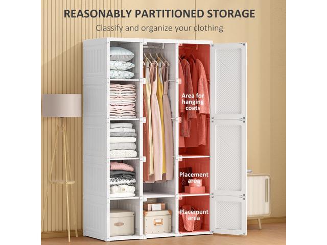Portable Wardrobe Closet, Folding Bedroom Armoire, Clothes Storage Organizer with 11 Cube Compartments, Hanging Rod, Magnet Doors, White