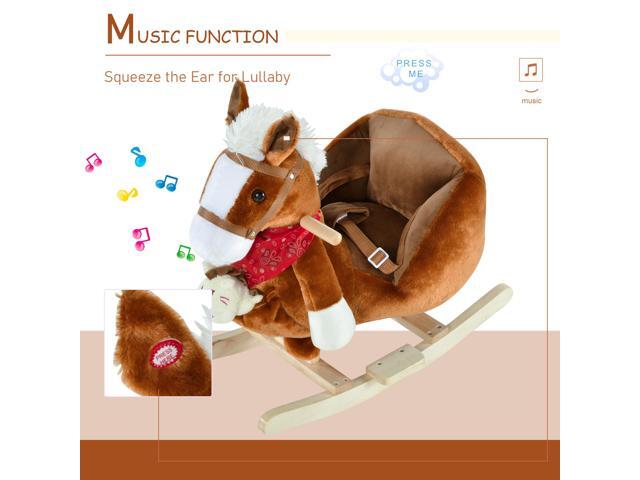 Kids Ride-On Rocking Horse Toy, Rocker with Lullaby Song, Hand Puppets & Soft Plush Fabric for Children 18-36 Months, Brown