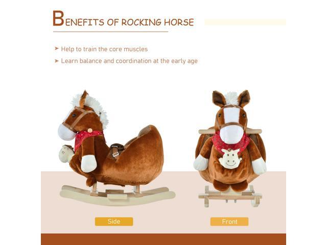 Kids Ride-On Rocking Horse Toy, Rocker with Lullaby Song, Hand Puppets & Soft Plush Fabric for Children 18-36 Months, Brown