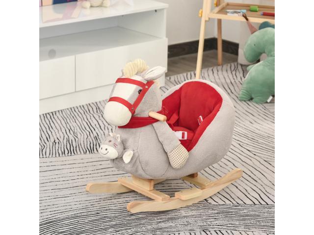 Kids Ride-On Rocking Horse Toy, Rocker with Lullaby Song, Hand Puppets & Soft Plush Fabric for Children 18-36 Months, Gray