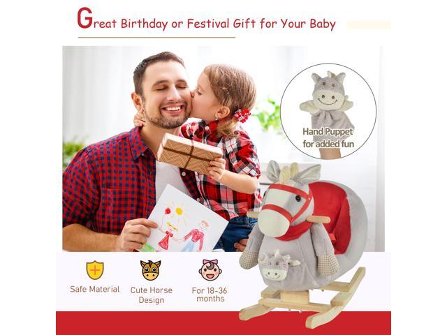 Kids Ride-On Rocking Horse Toy, Rocker with Lullaby Song, Hand Puppets & Soft Plush Fabric for Children 18-36 Months, Gray