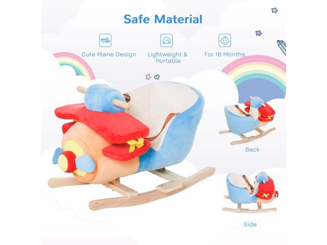 Kids Rocking Horse, Wooden Plush Ride-on Plane Chair Toy with Lullby Song and Seat Belt for 18 Month +