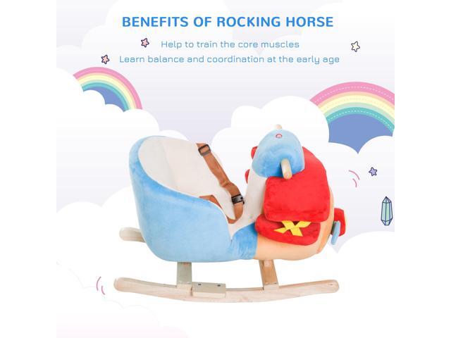 Kids Rocking Horse, Wooden Plush Ride-on Plane Chair Toy with Lullby Song and Seat Belt for 18 Month +