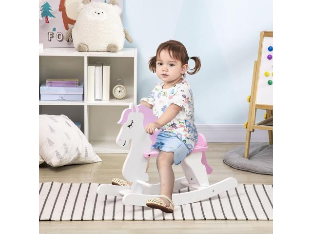 Little Wooden Rocking Horse Toy for Kids' Imaginative Play, Children's Small Baby Rocking Horse Ride-on Toy for Toddlers 1-3, Pink and White