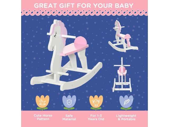 Little Wooden Rocking Horse Toy for Kids' Imaginative Play, Children's Small Baby Rocking Horse Ride-on Toy for Toddlers 1-3, Pink and White