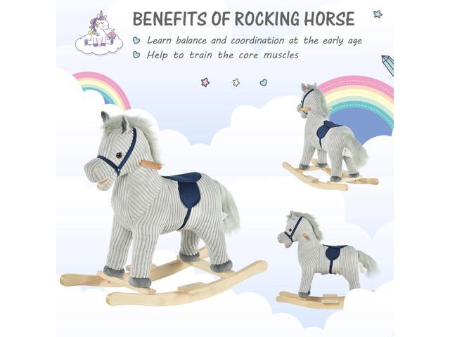 Kids Rocking Horse for Toddler 3-5, Plush Ride on Horse Wooden Rocker with Realistic Sounds, Gray