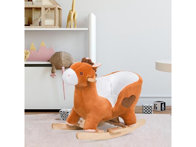 Kids Ride On Rocking Horse, Plush Animal Toy Sturdy Wooden Rocker with Songs for Boys or Girls