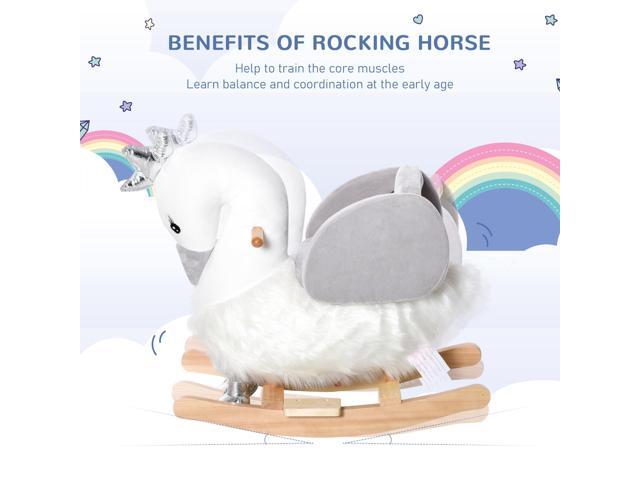 Rocking Horse, Kids Ride on Horse Swan Rocker with Sound, Plush Seat, Wooden Base, Safety Belt, for Toddlers 18-36 months, White