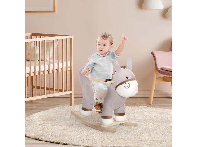 Kids Rocking Chair, Plush Ride On Rocking Horse Donkey with Sound, Wood Base Seat, Safety Belt, Baby Toddler Rocker Toy for 18 - 36 Months, Gray