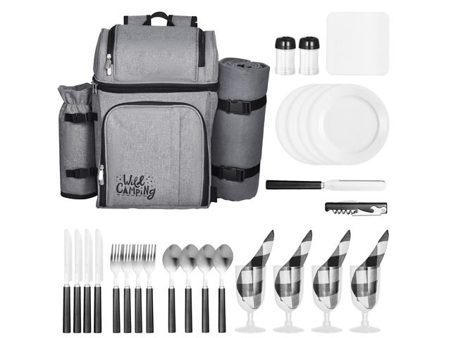 Beach Picnic Backpack Bag for 4 Person with Cooler Compartment Grey