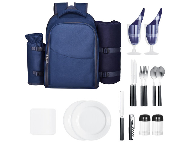 Beach Picnic Backpack Bag for 2 Person with Cooler Compartment Navy Blue