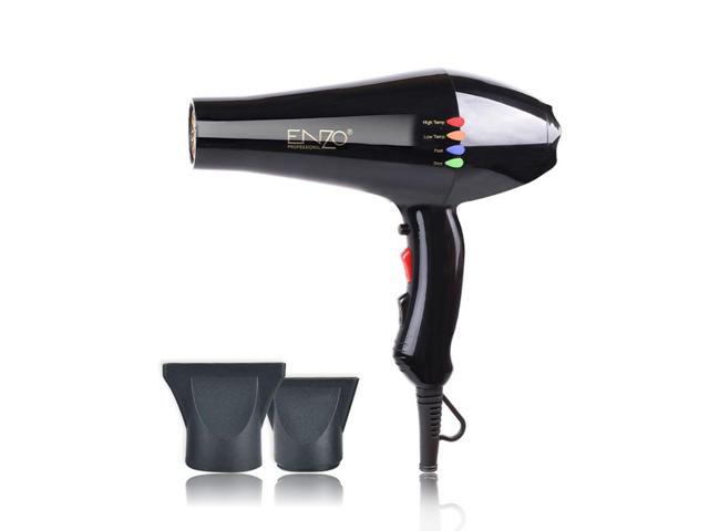 Black high-power spiral hair dryer with concentrator nozzle, 3 speed settings, hot and cold settings, non-foldable.