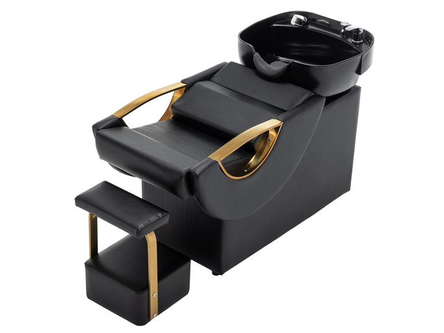 Large Shampoo Bowl & Chair Set with Footstool Black & Gold Barber Backwash Chair, Heavy Duty 300lbs Hair Washing Chair with Deep ABS Basin & Neck...