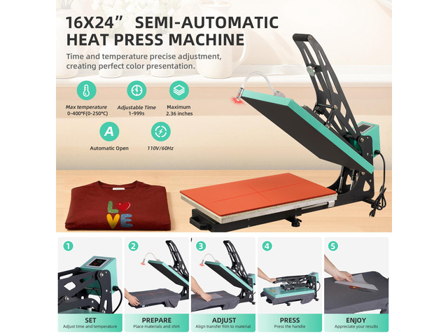 16 x 24 Inch Semi-automatic Heat Press Machine, with Auto Open, Slide-out Base and Infrared Positioning(not suitable for Sublimation)