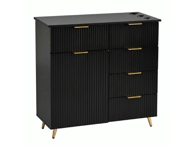 Modern Salon Station with Fluted Design, Barber Cabinet with 5 Drawers, 1 Storage Cabinet, 3 Hair Dryer Holders, Gold Handles & Metal Legs, Hair...