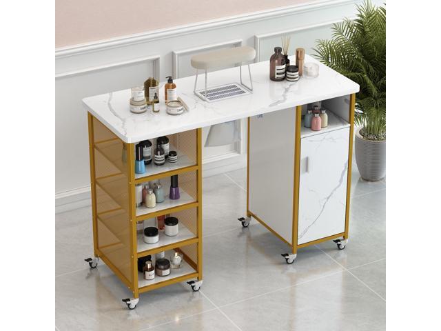 Manicure Table, Marbling Texture Nail Table with Electric Downdraft Vent,Wrist Cushion, Lockable Wheels, Storage layers & cabinet,White