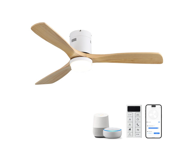 52 Inch Decorative Smart Ceiling Fan With 6 Speed Remote White 3 Solid Wood Blades Reversible DC Motor For Living Room