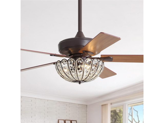 52-Inch Coffee Color Ceiling Fan With Crystal Light and Remote,With 5 Plywood Blades,Vintage Design,Reversible DC Motor (Bulbs not Included)