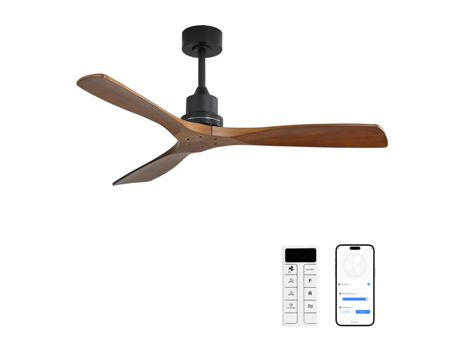 52 Inch Smart Matte Black Ceiling Fan with APP & Alexa Control, 3 Solid Wood Walnut Blades, Reversible Quiet DC Motor, No Light