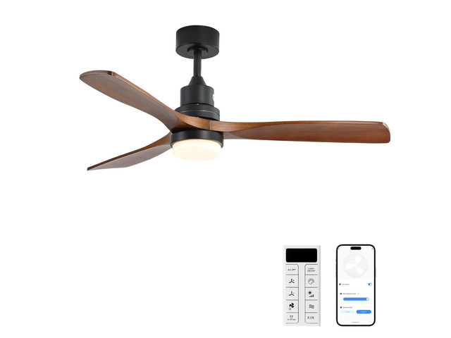 52 Inch Smart Ceiling Fan with LED 18W Triple Color Dimmable Memory Lighting 3 Walnut Finish Blades and DC Motor