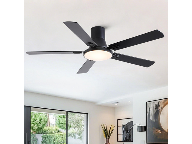52 inch Mordern Minimalism Black Flush Mount Ceiling Fan with Light and Double-Sized Blades