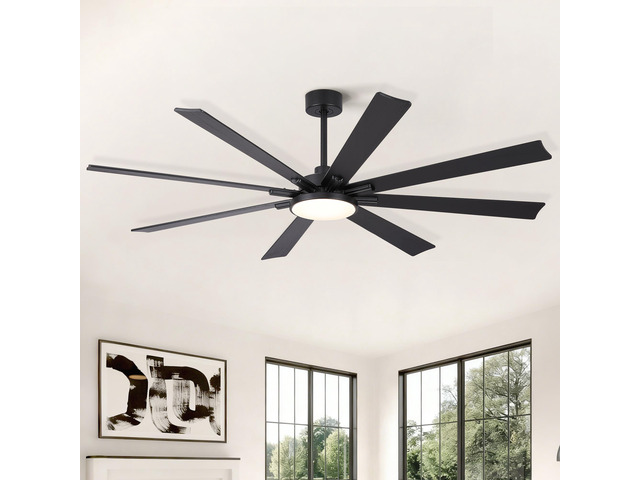 72 inch Mordern Minimalism Black Ceiling Fan with Light and Solid Wood Blades