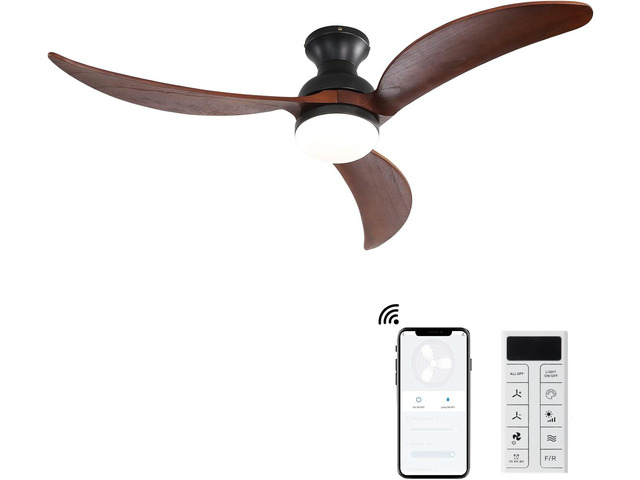 52 Inch Modern Ceiling Fan With 3 Color Dimmable Solid Wood Blades Remote Control Reversible DC Motor For Bedroom