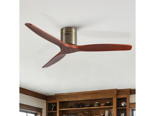 52 inch American Farmhouse Rustic Elegance Classical Solid Wood Low Profile Flush Mount Ceiling Fan without Light