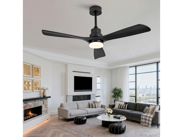 Hot Sales 52 Inch Modern Black Ceiling Fan With Light 3 Solid Wood Blades Remote Control Reversible DC Motor With Dimmable LED
