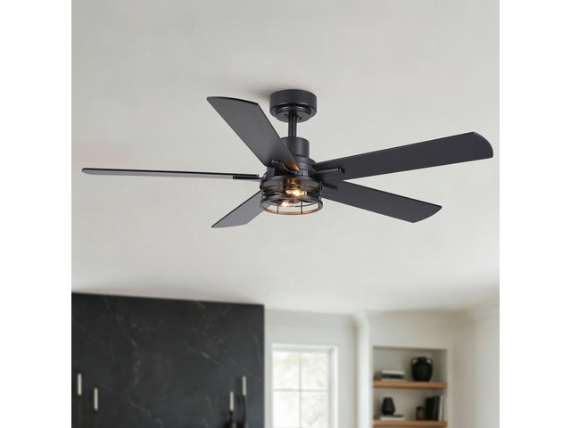 52' Modern Farmhouse Industrial Ceiling Fan with Light, DualSided Matte Black & Wood Grain Blades, Reversible DC Motor, 6Speed Timer Remote, Metal...