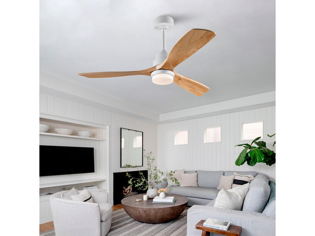 Hot sales 52 Inch Modern Ceiling Fan With 3 Color Dimmable 3 Solide Wood Blades Remote Control Reversible DC Motor With Led Light