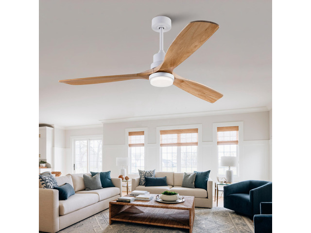 Hot sales 60 Inch Modern Ceiling Fan With 3 Color Dimmable 3 Solide Wood Blades Remote Control Reversible DC Motor With Led Light