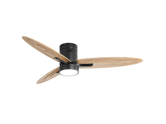 56 Inch Modern Design Flush Mount Ceiling Fan with Light and Remote Control, 3 Solid Wood Blades Reversible DC Motor Black for Living Room