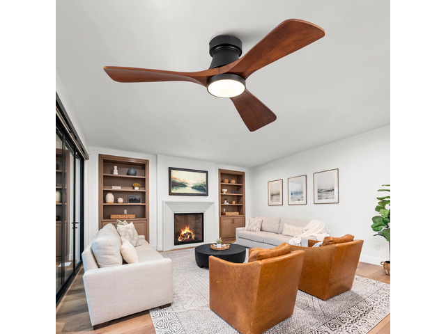 42 Inch Black Flush Mount Ceiling Fan with Light: Dimmable LED (3 Colors), Indoor/Outdoor Reversible DC Motor, 3 Solid Wood Blades for Bedroom, Patio.
