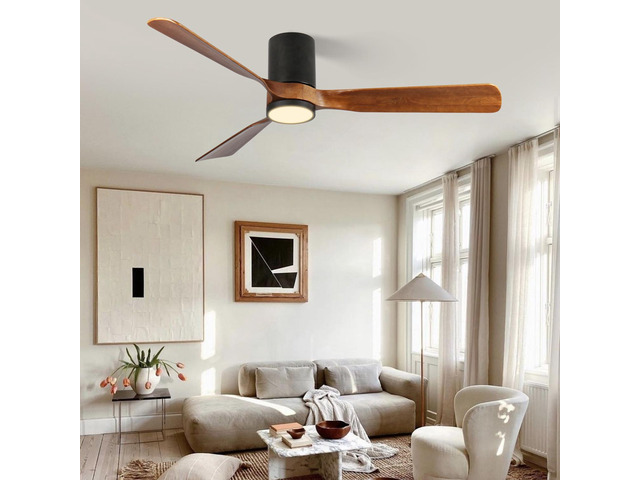 60 in. LED Indoor/Outdoor Flush Mount Matte Black Ceiling Fan with Wood Blades, 6-Speed DC Remote Control