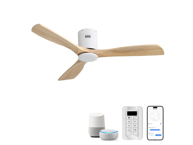 52 Inch Flush Mount Ceiling Fan 3 Solid Wood Fan Blade Noiseless Reversible DC Motor Smart Remote Control For Living Room