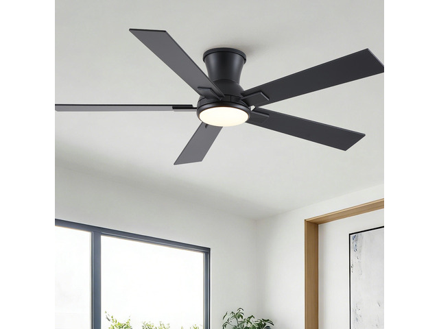 52' Matte Black Modern Low Profile Flush Mount Intergrated LED Ceiling Fan with Light and Reversible Quiet Motor
