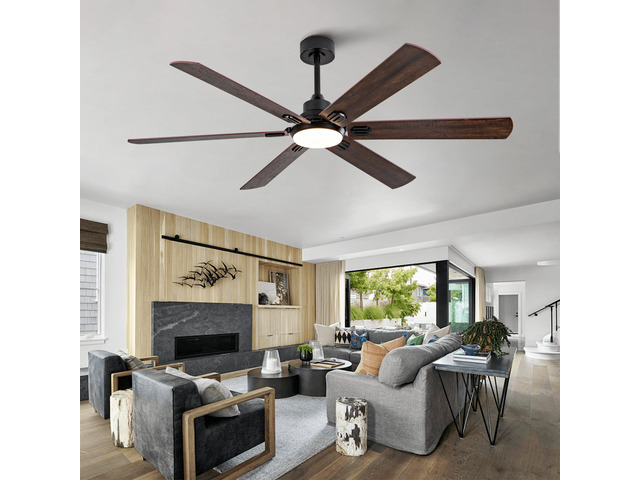 Smart 60' Indoor/Outdoor Ceiling Fan with Light, Dual Finish Black/Walnut 6-Blade, Remote Control, Dimmable LED, 6-Speed Quiet DC Motor, Reversible