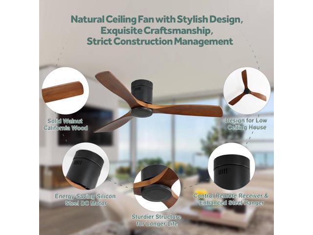 52 Inch Flush Mount Ceiling Fan DC 3 Wood Fan Blade Noiseless Reversible Motor Smart Remote Control Without Light