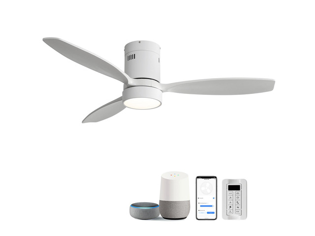 52 Inch Flush Mount Ceiling Fan Solid Wood Fan Blade Noiseless Reversible Motor Smart Remote Control With Light