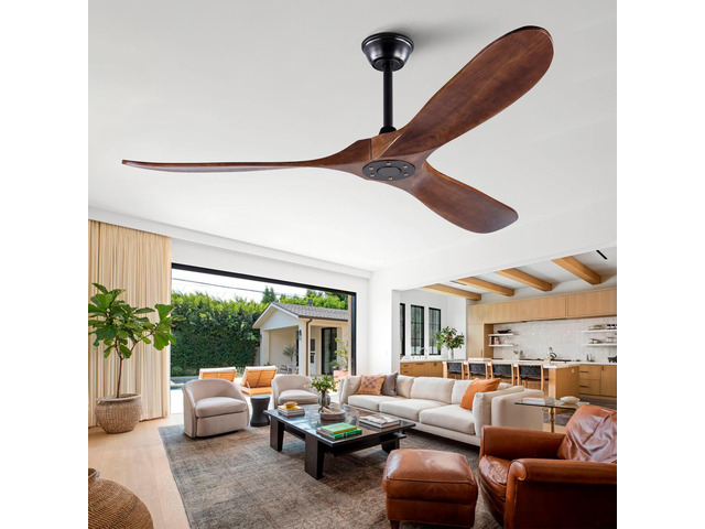 60' Solid Wood Ceiling Fan, Outdoor, 3 Blade, No Light, Walnut, for Patio Living Room Bedroom Porch, Remote Control, Water Resistant