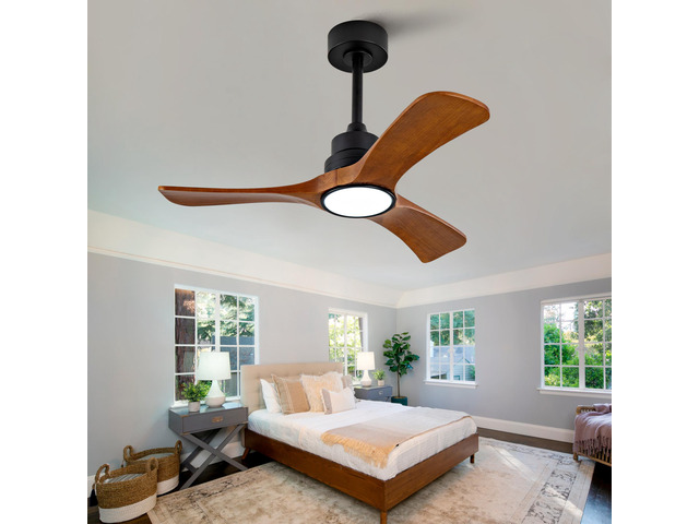 New 36-inch Ceiling Fan Light with 6-Speed Remote Control Black Three-Blade Reversible Wooden Fan Blades DC Motor Ideal for Bedrooms