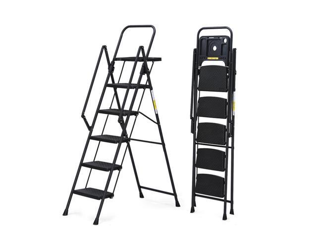 5-step ladder, foldable step stool with tool tray and wide non slip pedals, sturdy steel ladder, convenient handrails, lightweight portable steel...
