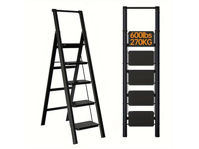 5-step ladder folding step stool, 5-step ladder with anti slip wide pedals, lightweight and easy to carry handle folding ladder, multi-purpose...
