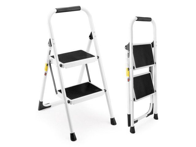 2 Step Ladder, Folding Step Stool with Anti-Slip and Wide Pedal, Lightweight Stepladder with Handrails, Portable for Kitchen, Household, 330LBS, White